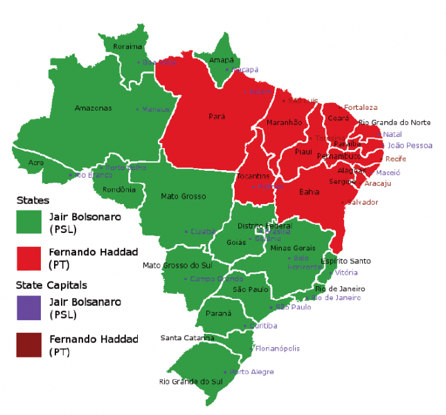 2018년 브라질 대선 후보자별 승리 지역